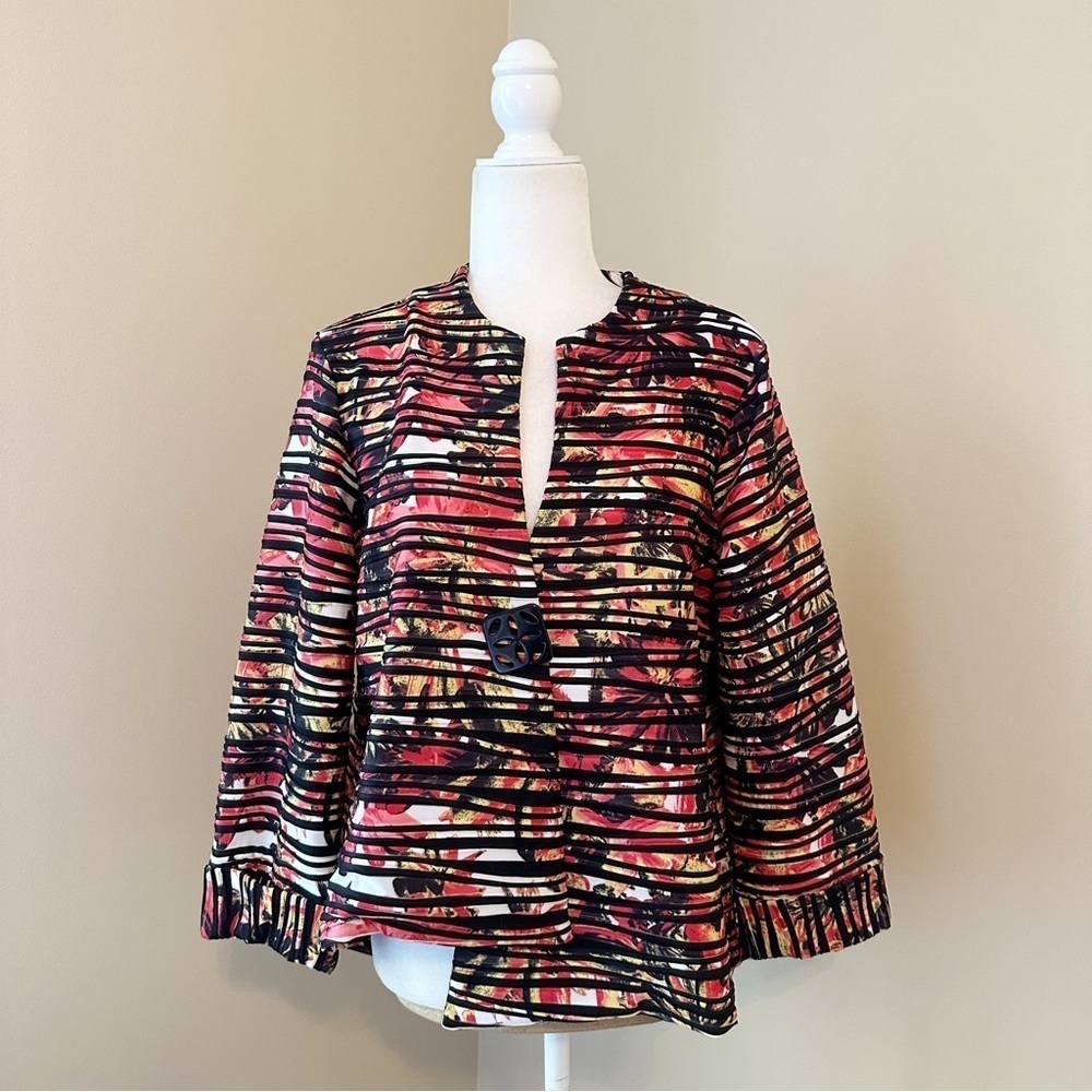 Multiples Asymmetrical Hem Button Stripe Floral J… - image 1